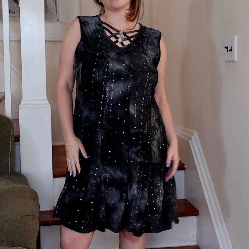 Witchy Y2K Black and Silver Embellished Dress Large Witchy Whimsigoth Strappy